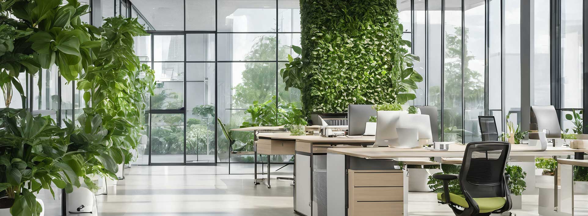 Lyst kontormiljø med grønne planter og arbejdspladser
