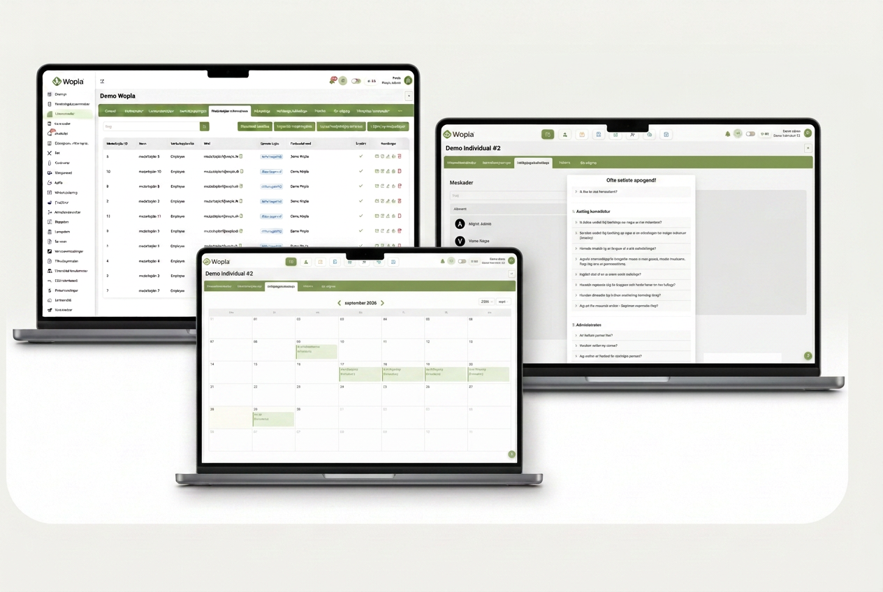 Wopla administrationspanel med kalender, medarbejdere og aftaler